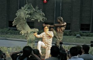 Jackie Chan with "Battle for Harmony" Sculpture