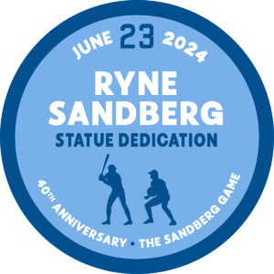 blue circle Cubs logo for Ryne Sandberg statue unveiling 6-23-24